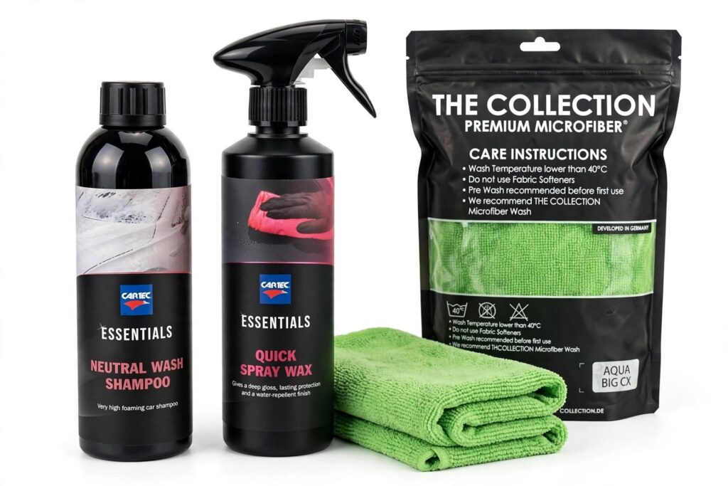 Kit Pulizia Auto Cartec Essentials Shampoo + Cera Spray + Panno Aqua Big
